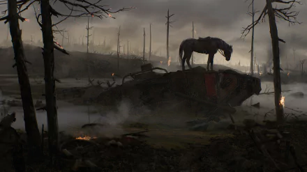 HD desktop wallpaper depicting a World War I scene with a horse standing on a tank amid a desolate, war-torn landscape, with charred trees and a smoky, gloomy atmosphere.