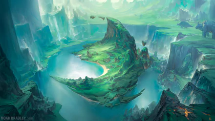 HD fantasy landscape wallpaper featuring a lush, vibrant valley with a winding river, surrounded by towering cliffs and floating islands, creating an ethereal, otherworldly ambiance.