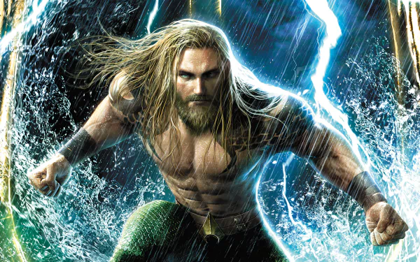 4K Ultra HD PC desktop wallpaper featuring Aquaman from DC Comics, showcasing him breaking through ocean waves with lightning striking in the background.