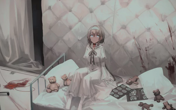 Anime-style HD desktop wallpaper featuring a short-haired girl in a white dress sitting on a bed in a dimly lit, eerie room with teddy bears and scattered objects.