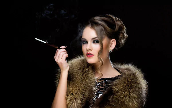 fur smoking brunette lipstick woman model HD Desktop Wallpaper | Background Image