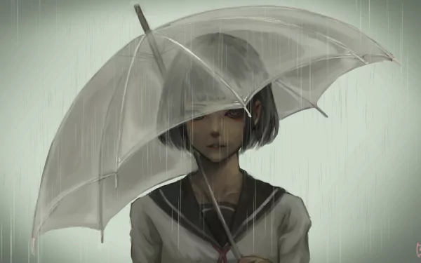 Anime-style original artwork of a girl holding a transparent umbrella in the rain, featured as a 4K Ultra HD PC desktop wallpaper with a muted, rainy atmosphere.