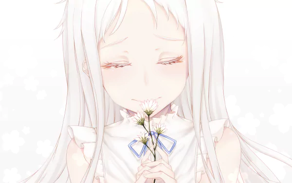 Meiko Honma from Anohana holding white flowers with a serene expression, depicted in a soft, high-resolution 4K Ultra HD anime-style desktop wallpaper.