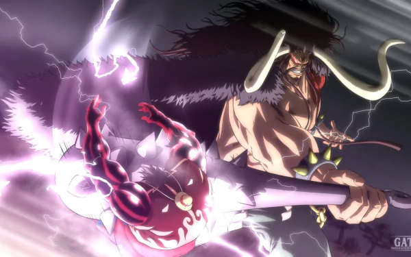 4K Ultra HD anime wallpaper featuring Monkey D. Luffy clashing with Kaido from One Piece, captured in an intense battle with dynamic lightning effects.