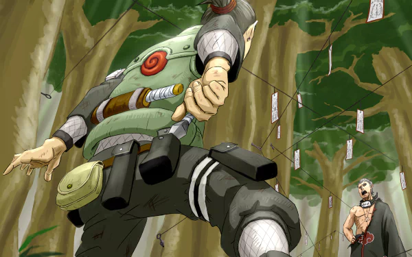 HD PC desktop wallpaper featuring Naruto characters Hidan and Shikamaru Nara in a forest setting with ninja tools and paper tags, highlighting anime action and tension.