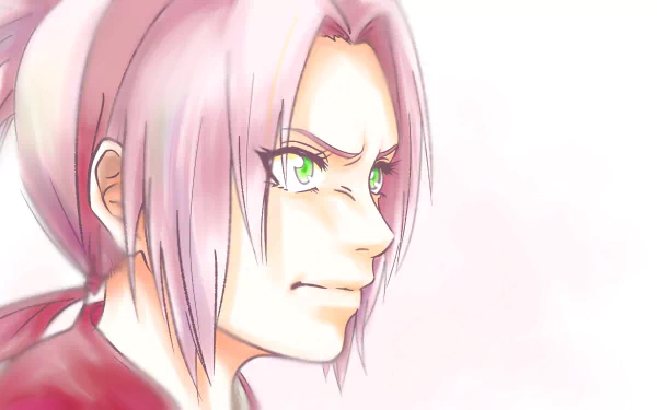 Close-up 4K Ultra HD anime wallpaper of Sakura Haruno from Naruto, showing her determined expression and signature pink hair in a soft, light background.