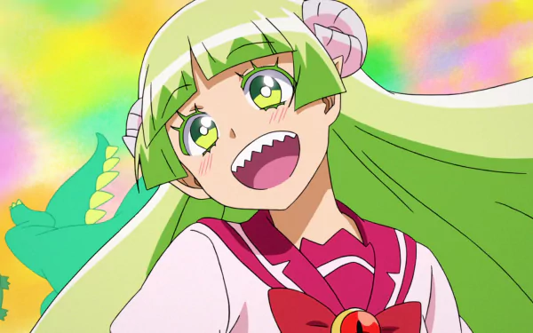 Clara Valac from Mairimashita! Iruma-kun anime with bright green hair and cheerful expression, set against a vibrant, colorful background in HD PC desktop wallpaper style.