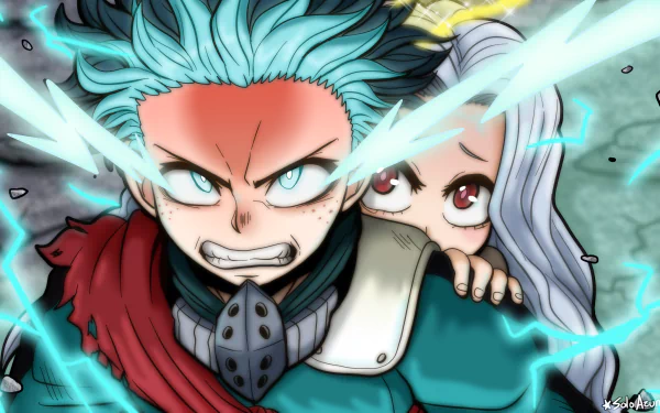 HD wallpaper of Izuku Midoriya and Eri from My Hero Academia. Izuku stands protectively in the foreground with electric energy around him, while Eri clings to his back, wide-eyed and holding onto him.