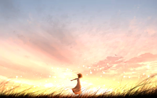 Anime-style 4K Ultra HD desktop wallpaper of an original character silhouetted against a vibrant, glowing sunset sky with soft clouds and tall grass.