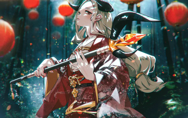 Anime-style original character with black horns and glowing red eyes, holding a fiery spear, set against a vibrant, lantern-lit background in HD desktop wallpaper quality.
