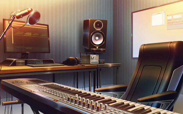 HD anime-style desktop wallpaper showcasing a music studio setup with a chair, microphone, computer, speakers, and a piano keyboard.
