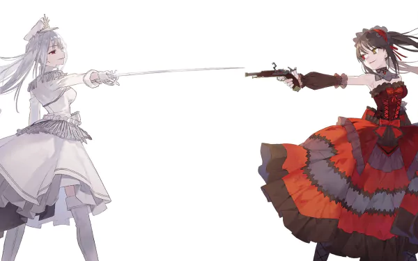 Anime-style HD wallpaper featuring Kurumi Tokisaki and White Queen from Date A Live and Date A Bullet, both striking dynamic poses with contrasting white and red outfits.