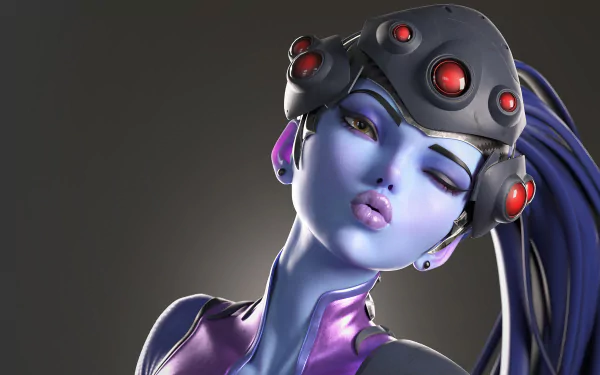 Widowmaker from Overwatch in a detailed 4K Ultra HD PC desktop wallpaper, showcasing her blue skin, headgear with red lenses, and a confident expression.