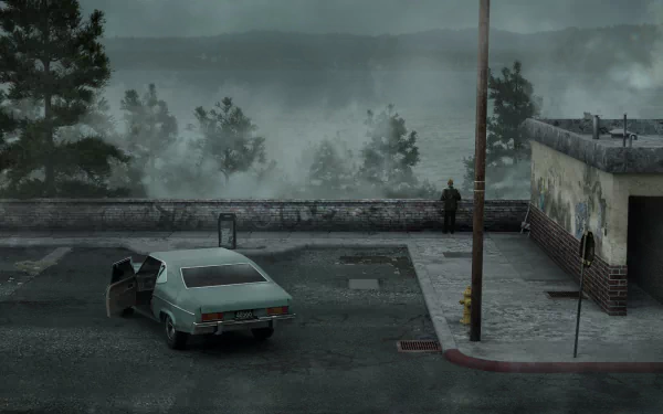 HD PC desktop wallpaper: Silent Hill 2 video game scene — fog-shrouded coastal parking lot with an abandoned car and a lone figure by the wall.
