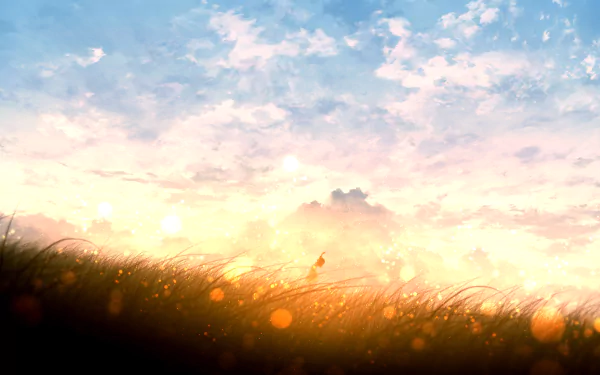 Anime-style HD desktop wallpaper featuring a serene field at sunset with a glowing sky and scattered clouds, creating a peaceful ambiance.