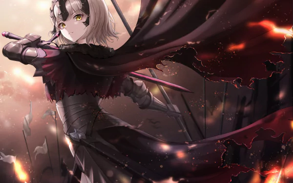 Anime-style 4K Ultra HD wallpaper of Jeanne d'Arc Alter from Fate/Grand Order with white short hair, yellow eyes, and a dark flowing cape in a dramatic battle scene.