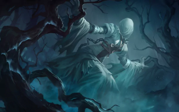 HD PC desktop wallpaper of a ghostly robed figure drifting through dark twisted woods — Legends of Runeterra video game art, eerie blue-green tones.