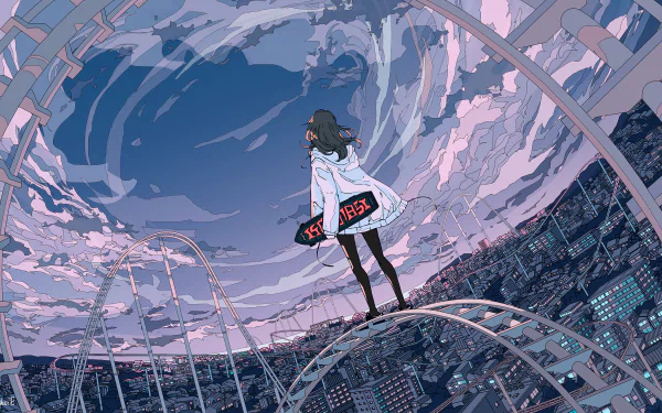 An anime-style cityscape HD wallpaper shows a person standing on a roller coaster track, overlooking a vast urban skyline under a swirling evening sky, exuding a sense of wonder and adventure.