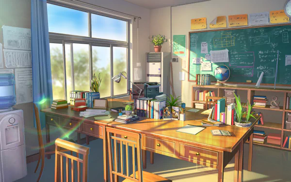 HD anime-style wallpaper featuring a sunlit study room with a desk, books, and a chalkboard.