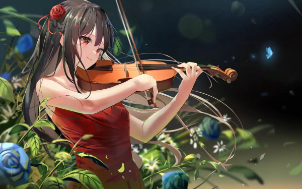 Anime-style HD wallpaper of a black-haired girl with red eyes playing a violin, dressed in a red dress, surrounded by flowers and glowing musical notes.