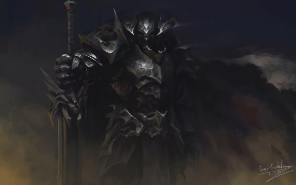 HD PC desktop wallpaper featuring a dark fantasy warrior knight clad in heavy armor, standing with a large sword amid a shadowy, ominous background.