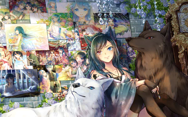 Anime-style HD desktop wallpaper featuring a blue-eyed character with wolf ears and heterochromia, surrounded by a white wolf, a dark wolf, and various artworks with a clock in the background.