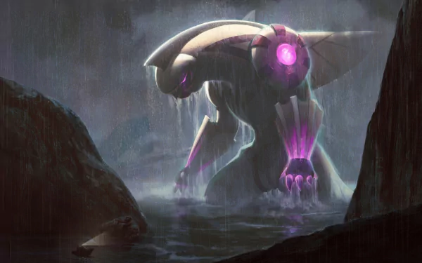 HD PC desktop wallpaper featuring Palkia, the powerful Pokémon, depicted in a dark, misty anime-style scene.