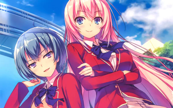 Honami Ichinose and Mio Ibuki from the anime Classroom of the Elite pose confidently in a vibrant 4K Ultra HD desktop wallpaper background.