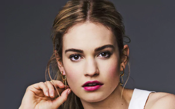 English lipstick brown eyes stare brunette actress face Celebrity Lily James HD Desktop Wallpaper | Background Image