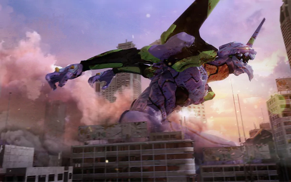 Evangelion Unit-01 from Neon Genesis Evangelion soars above a cityscape at sunset in this HD anime desktop wallpaper and background.