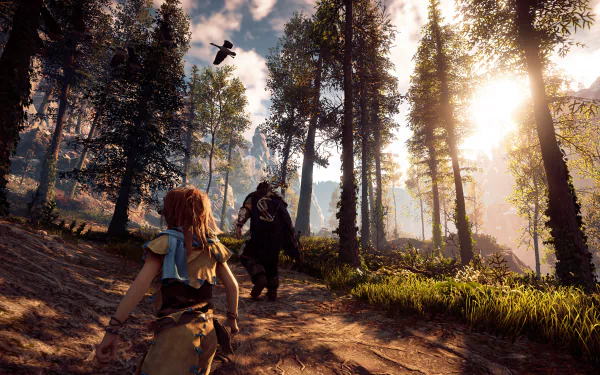 Aloy from the video game Horizon Zero Dawn traverses a sunlit pine forest with distant machines looming — 4K Ultra HD PC desktop wallpaper/background with cinematic lighting.