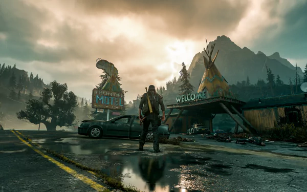 Deacon St. John from the video game Days Gone stands on a wet road at dusk near a rustic motel and teepee in this detailed 4K Ultra HD PC desktop wallpaper.