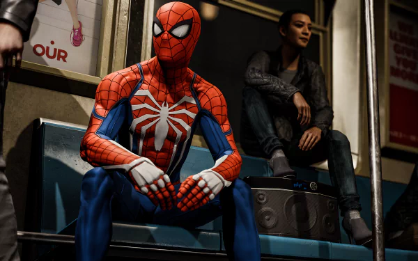 Spider-Man (PS4) sits on a subway bench beside a passenger under moody city lights — 4K Ultra HD PC desktop wallpaper and background, video game scene.
