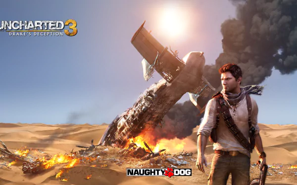HD desktop wallpaper featuring Nathan Drake from the video game Uncharted 3: Drake's Deception, standing in a desert with a smoking, crashed plane in the background.