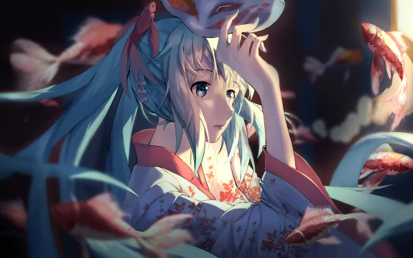Anime-style 8K Ultra HD wallpaper featuring Hatsune Miku with long blue hair and blue eyes, surrounded by swimming fish in a serene, dark underwater scene.