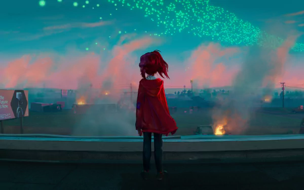 Katie Mitchell from The Mitchells vs. The Machines stands pensively on a rooftop, gazing at a smoky and colorful evening sky. HD desktop wallpaper and background.