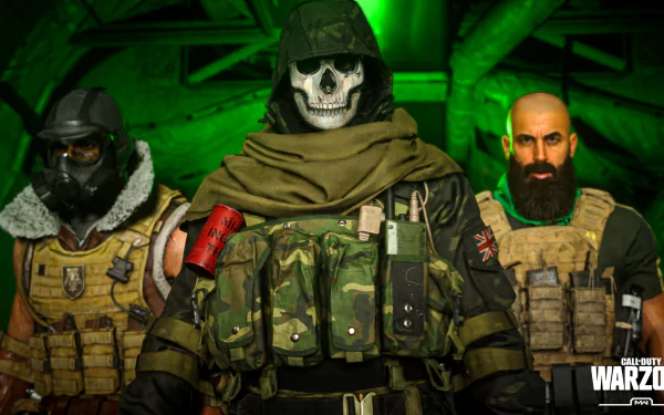 HD PC desktop wallpaper featuring intense characters from Call of Duty: Warzone, showcasing tactical gear and a dark, immersive green-lit environment.