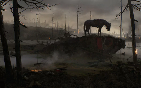 HD desktop wallpaper depicting a World War I scene with a horse standing on a tank amid a desolate, war-torn landscape, with charred trees and a smoky, gloomy atmosphere.