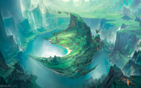 HD fantasy landscape wallpaper featuring a lush, vibrant valley with a winding river, surrounded by towering cliffs and floating islands, creating an ethereal, otherworldly ambiance.