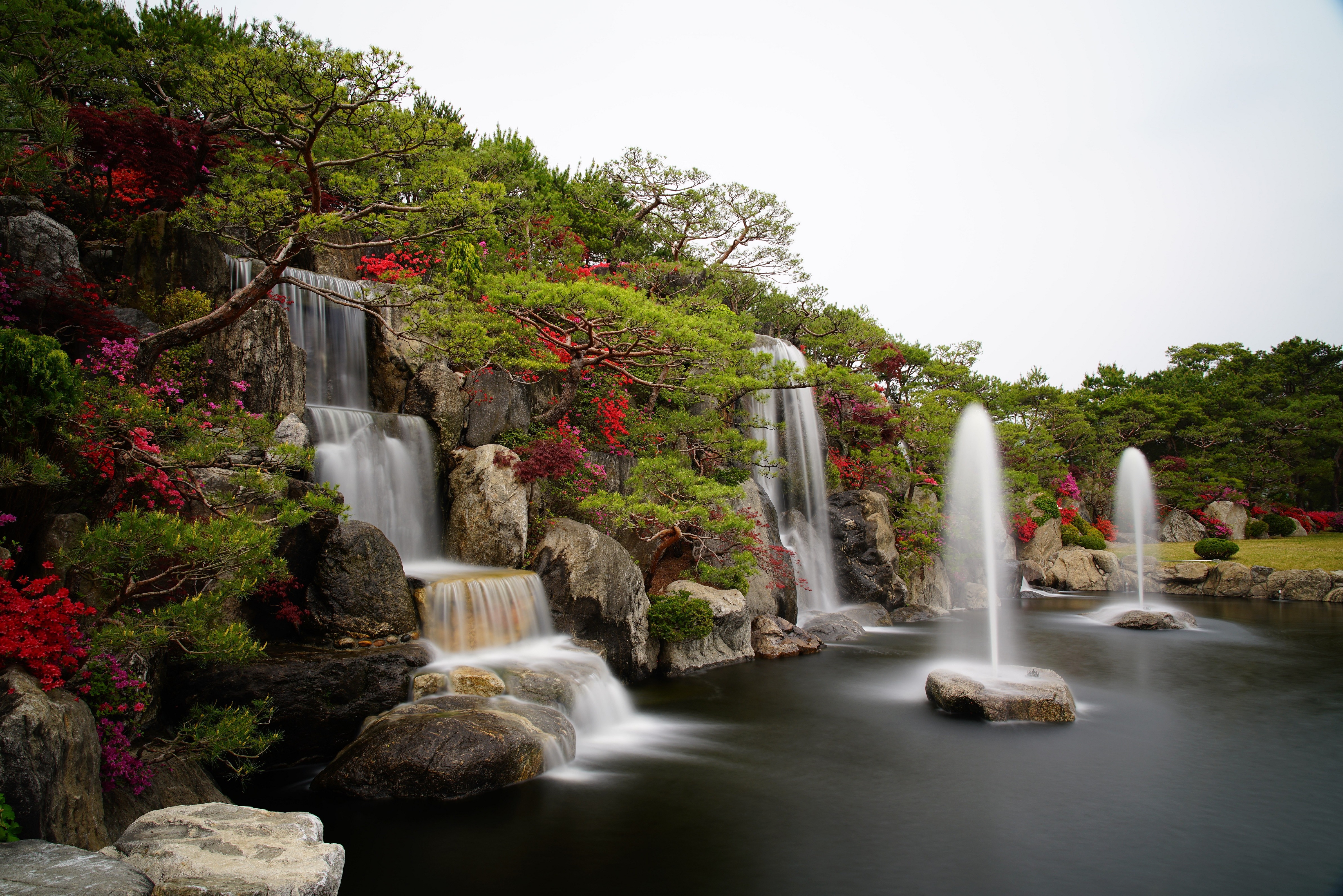 Red Azalea Garden with Waterfall and Fountain by Jaesung An