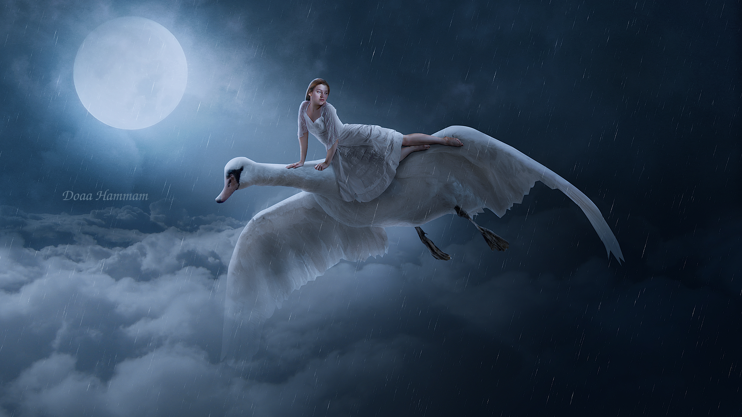 Girl on Magical Flying Swan on a Full Moon Night by Doaa Hammam