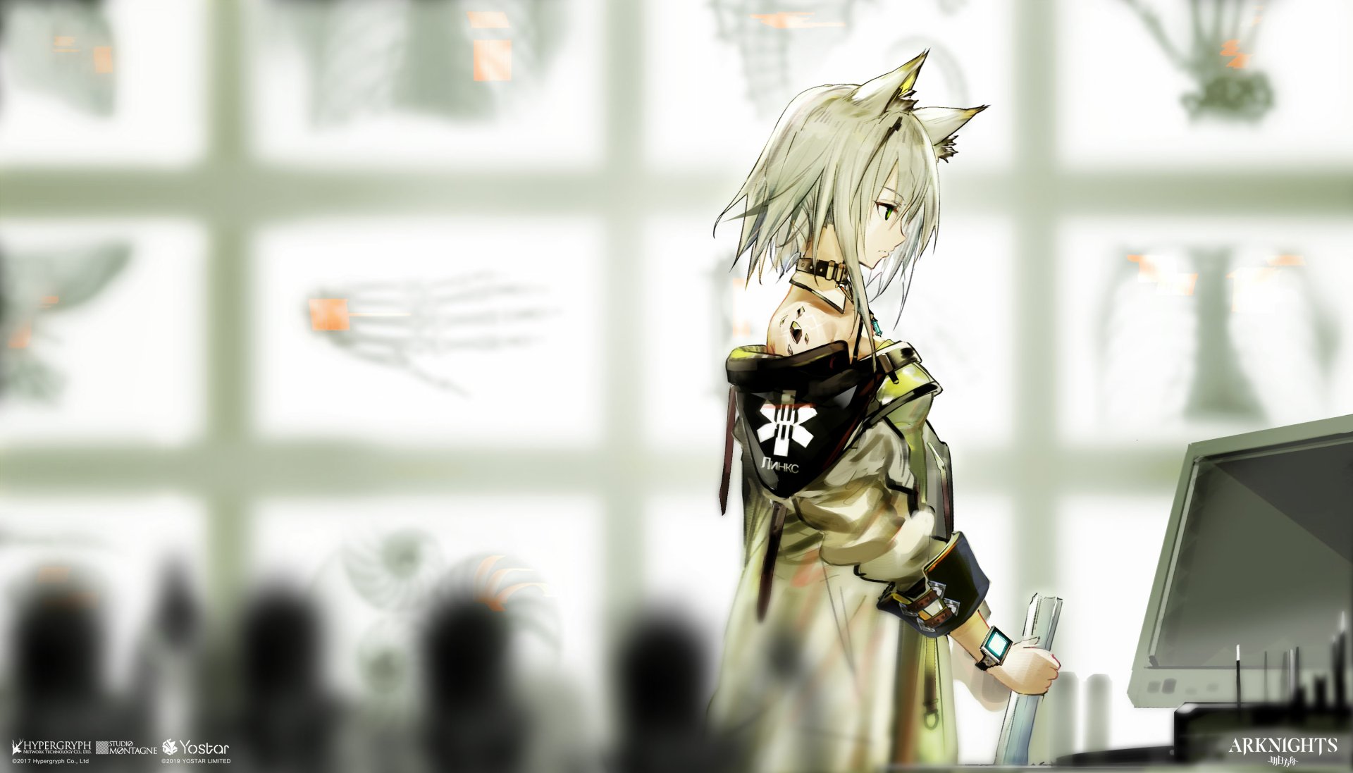 HD PC desktop wallpaper featuring Kal'tsit from the video game Arknights, showcasing her distinctive white hair and fox-like ears in a futuristic setting.