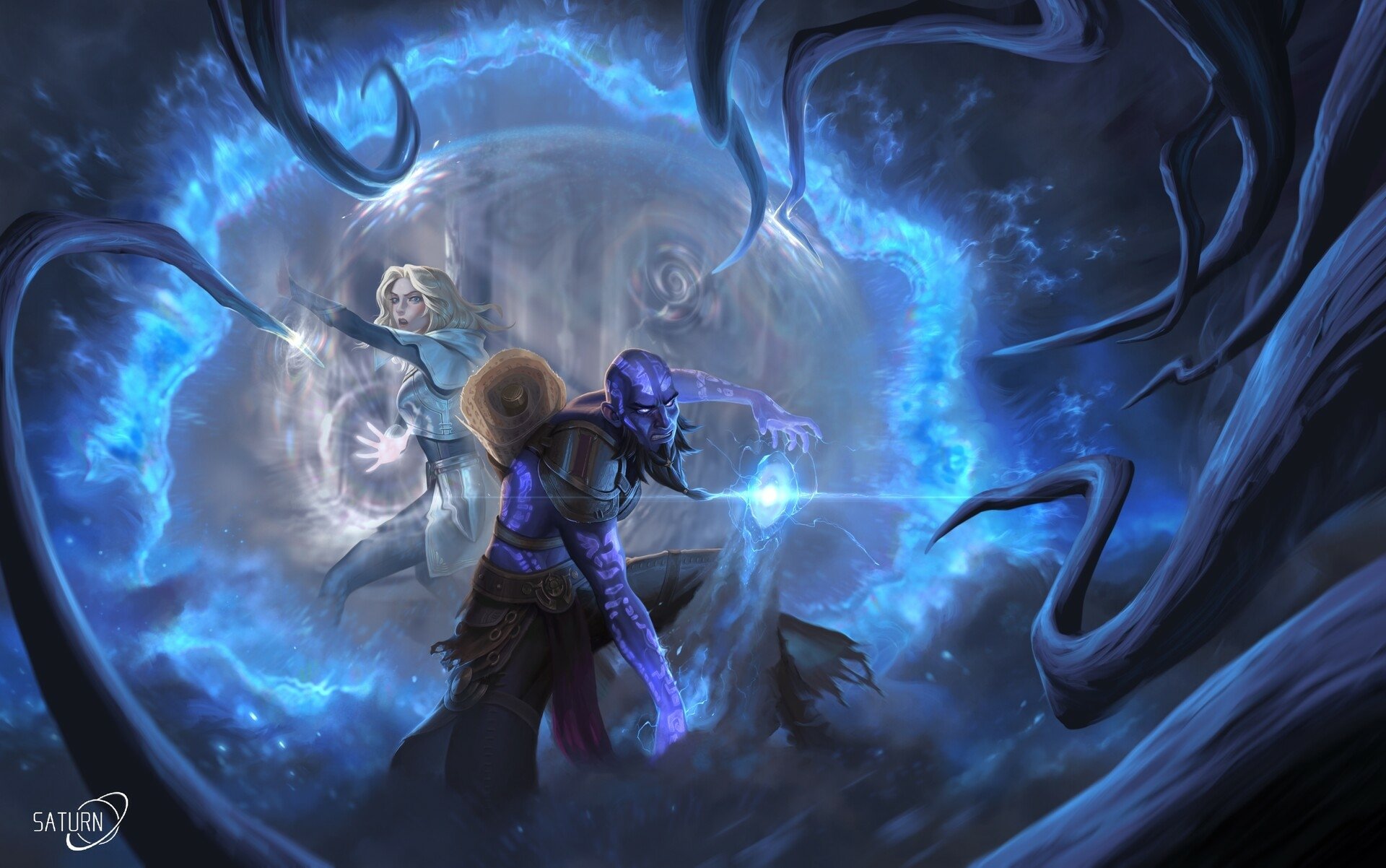 HD PC desktop wallpaper/background: League of Legends video game art of Lux and Ryze clashing in swirling blue magic, a cinematic spell duel.