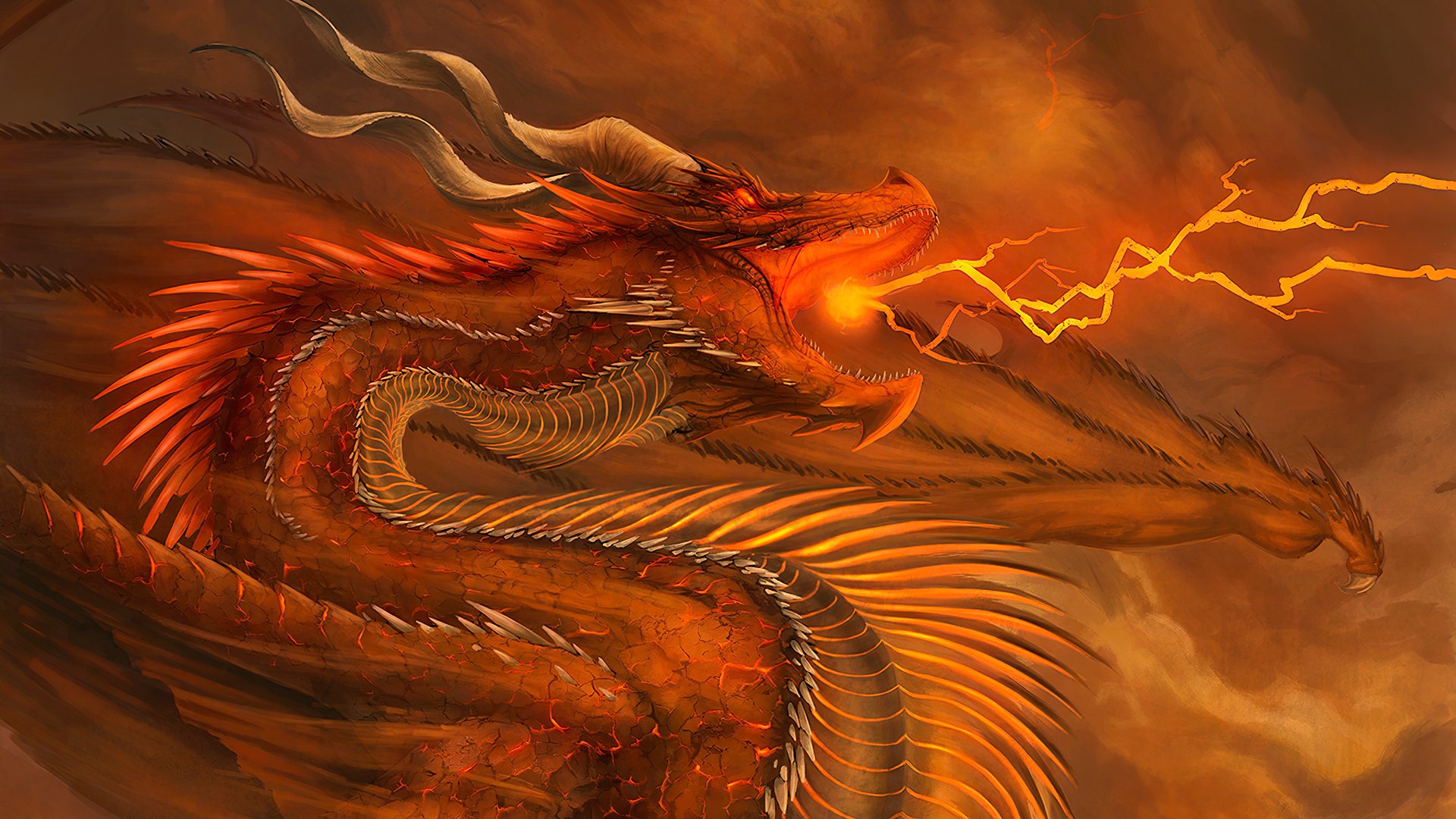 A fiery dragon breathes lightning against a stormy sky in this detailed fantasy 4K Ultra HD PC desktop wallpaper and background.