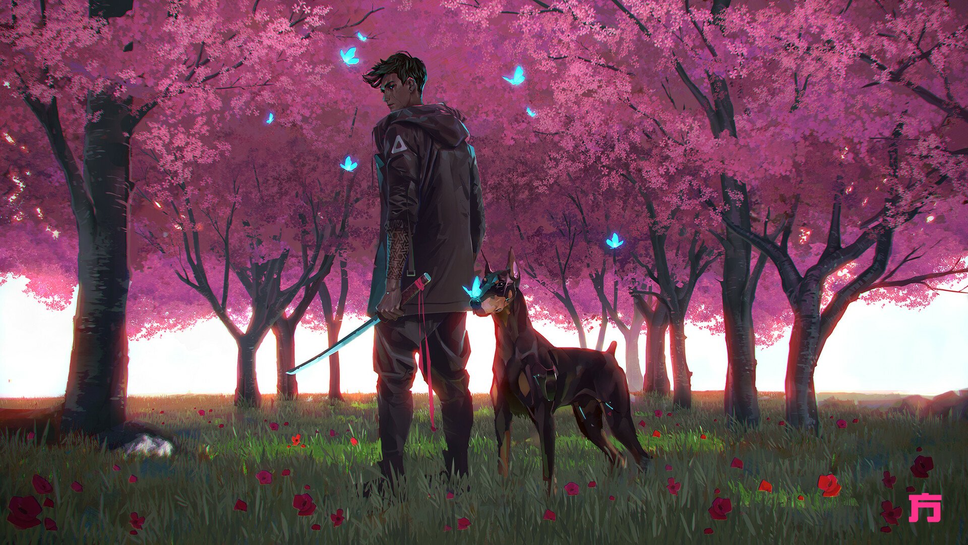 A fantasy warrior with a sword stands beside a Doberman Pinscher under vibrant pink blossom trees, surrounded by glowing blue butterflies in an HD desktop wallpaper scene.