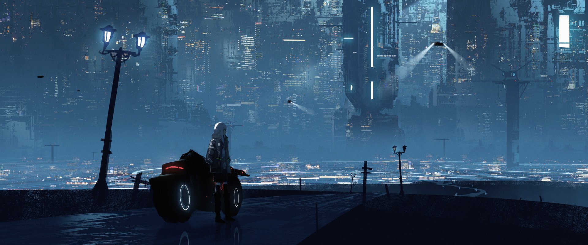 A futuristic anime scene featuring a person with white hair and a motorcycle, set against a sci-fi cityscape at night. The image is a high-definition desktop wallpaper.