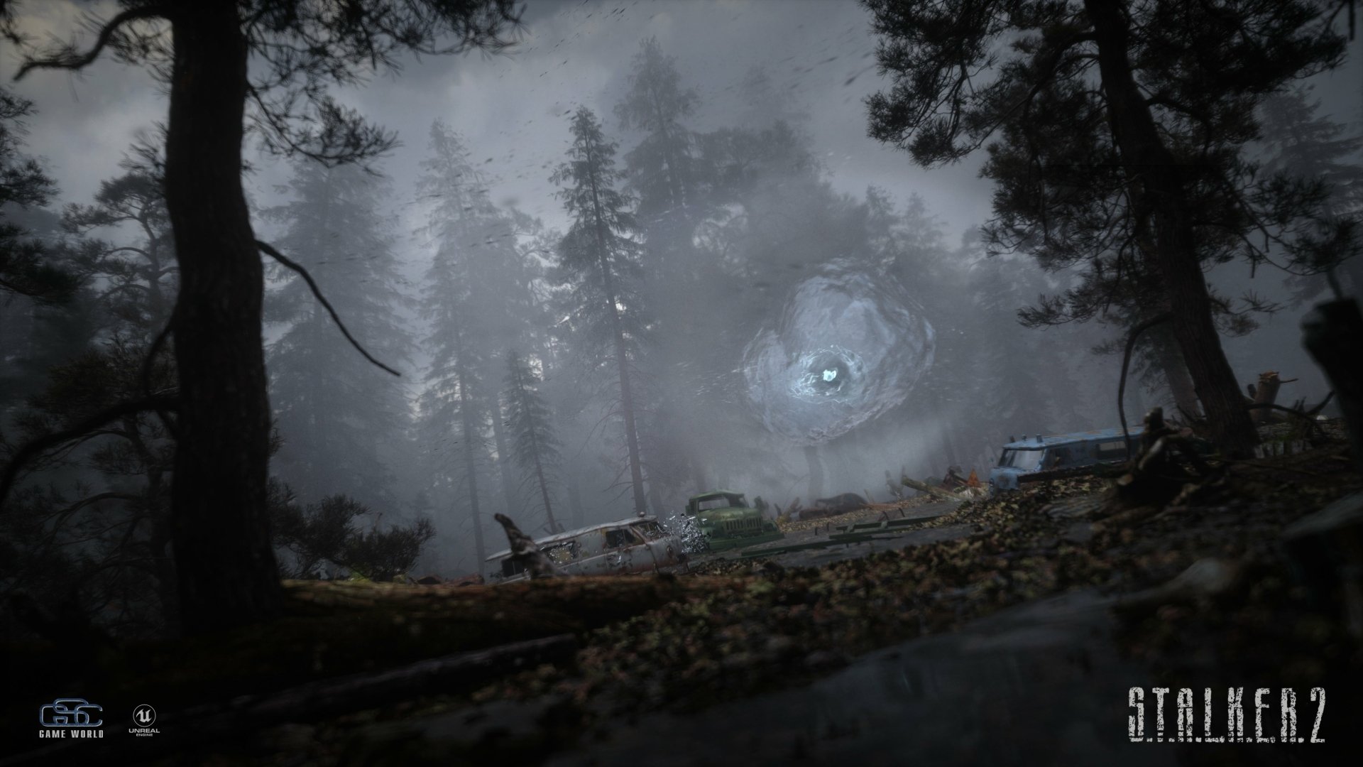 Foggy forest scene with abandoned vehicles and a mysterious glowing portal in the distance from the video game S.T.A.L.K.E.R. 2: Heart of Chernobyl, presented as 4K Ultra HD wallpaper.
