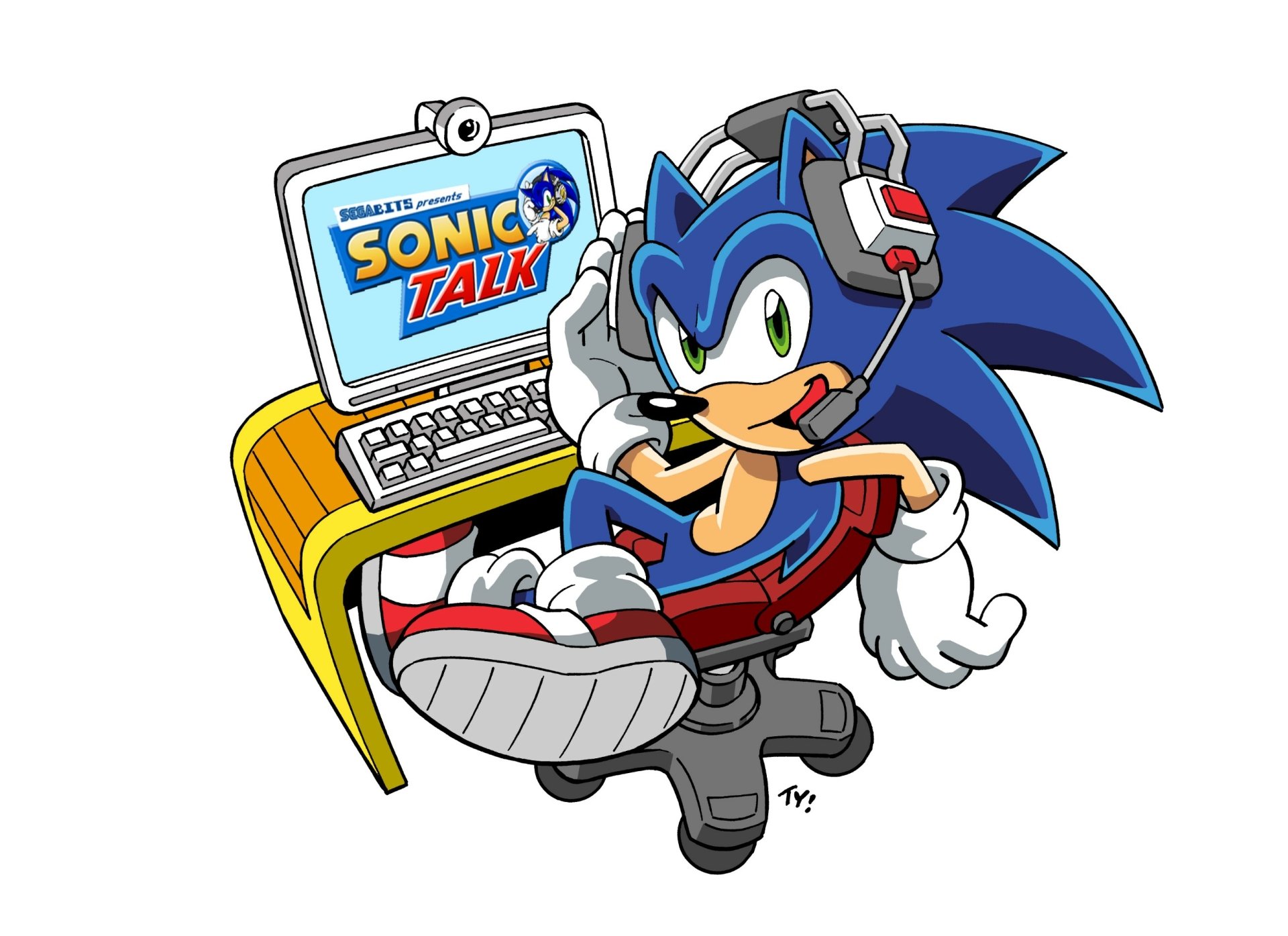 Sonic the Hedgehog from Archie Comics lounges with headphones and sneakers, smiling beside a computer screen displaying Sonic Talk in this HD comic desktop wallpaper.
