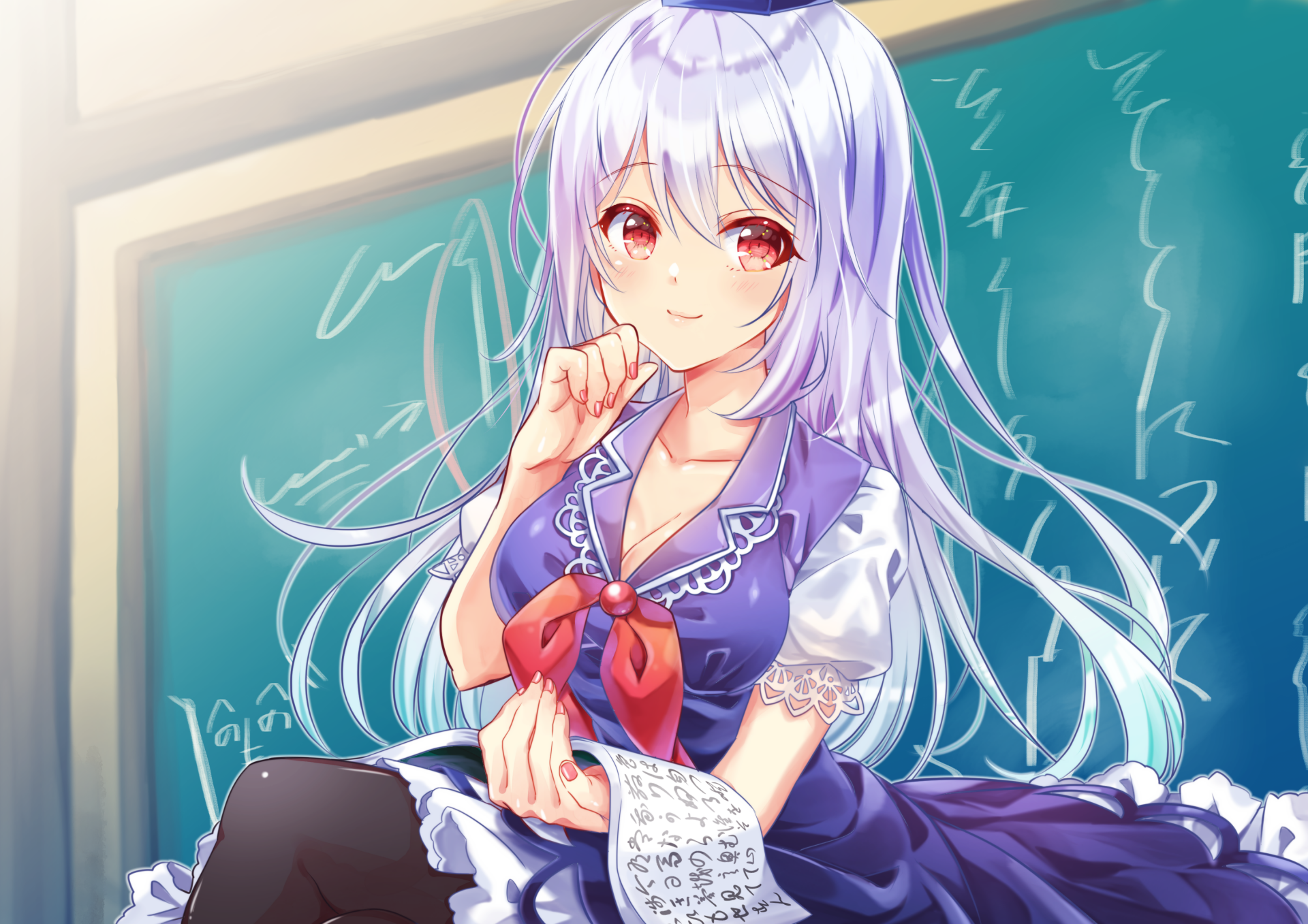 Keine Kamishirasawa from Touhou, anime-style 2K Quad HD PC desktop wallpaper: white-haired girl in a school dress with red ribbon holding notes, seated in front of a chalkboard.