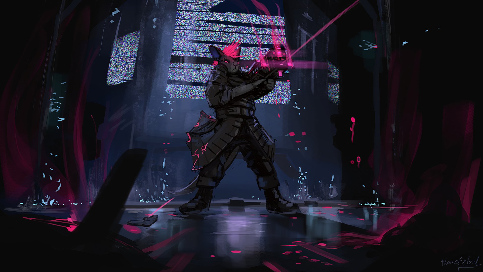 Sci-fi warrior in armor wielding a neon pink holographic blade amid a dark, futuristic chamber with digital debris — 4K Ultra HD PC desktop wallpaper background.